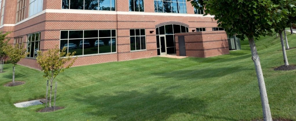 A commerical office building with brick facade surrounded by freshly cut grass and sporatic trees